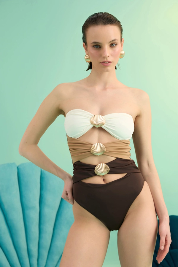 MARELLA BRUNETTE ALTIN DENİZ KABUĞU AKSESUARLI PENCERELİ STRAPLEZ MAYO