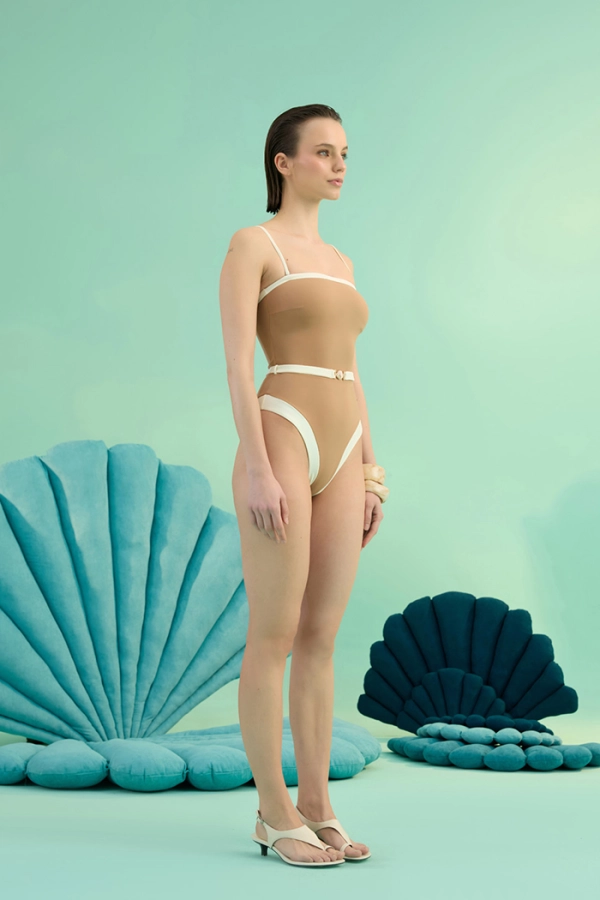 LUNASEA FRENCH BEIGE BIA LOGOLU ÇİFT RENK KEMERLİ STRAPLEZ ASKILI MAYO
