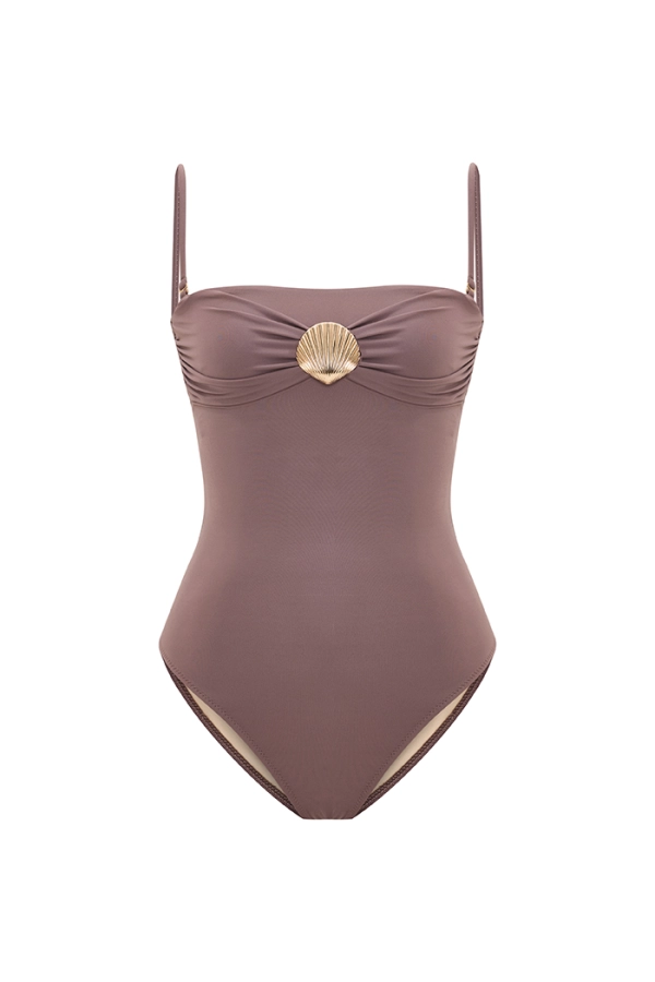 VARELLE MOCHA MOUSSE ALTIN DENİZ KABUĞU AKSESUARLI ASKILI STRAPLEZ MAYO