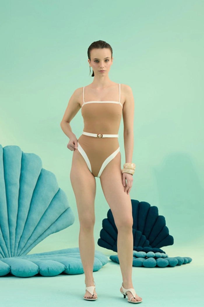 LUNASEA FRENCH BEIGE BIA LOGOLU ÇİFT RENK KEMERLİ STRAPLEZ ASKILI MAYO